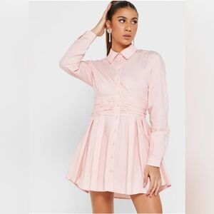 Bardot Shirt Dress Mini Pink Ruched A-Line with Cuffed Long Sleeves Button 4
